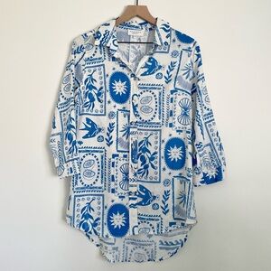 Linen Blend Blue and White Button Down Shirt Cover Up